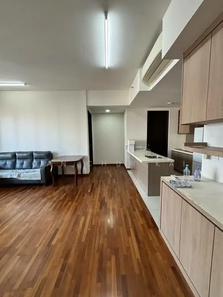 Living features: wooden flooring, grey leather sofa, dining table, white walls, recessed ceiling lights, air conditioning unit, open layout, kitchen cabinetry, countertop, neutral color palette; style: modern.
