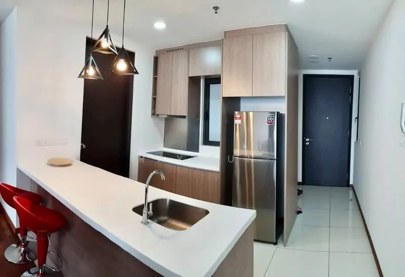 Kitchen features: white countertop, stainless-steel sink, chrome pull-down faucet, built-in cabinetry with wood finish, stainless-steel fridge, pendant lighting with three fixtures, open layout, tile flooring, black window frame, dark wood door, white walls; style: modern.
