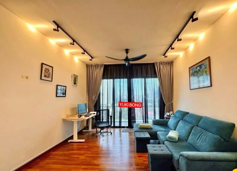 Living features: 3-seater fabric sofa in teal, 2-seater fabric sofa in grey, wooden flooring, recessed LED downlights, 5-blade ceiling fan with light, floor-to-ceiling windows, sheer curtains, TV console, decorative artwork on walls, study desk with chair; style: modern; view: city.