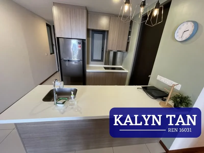 Kitchen features: white quartz countertop, wood cabinetry, stainless-steel fridge, built-in oven, single-bowl stainless-steel sink, chrome pull-down faucet, pendant lighting, tile flooring, window with view, kitchen island; style: modern.