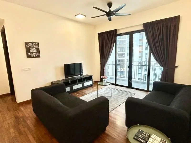 Living features: 2 black fabric sofas, coffee table, TV console, wall-mounted TV, area rug, floor-to-ceiling windows, sliding glass door, curtains, ceiling fan with light, wooden flooring, decorative wall art; style: modern; view: city.
