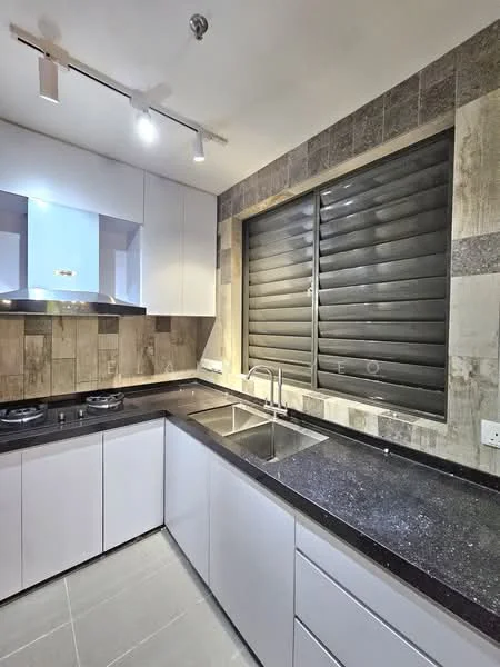 Kitchen features: white cabinetry, black granite countertop, double-bowl stainless-steel sink, chrome pull-down faucet, built-in gas stove with two burners, tile backsplash with textured design, sliding window with black shutters, recessed lighting, grey tile flooring; style: modern.