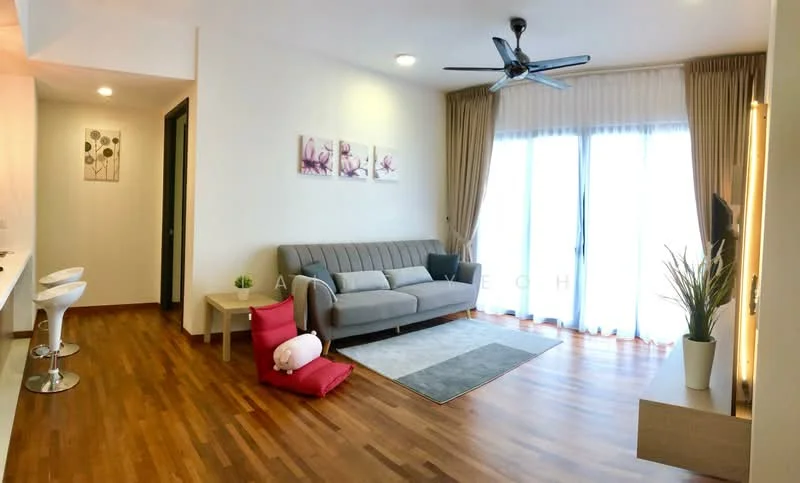 Living features: 3-seater fabric sofa in grey, area rug with geometric pattern, wooden flooring, 5-blade ceiling fan with light, floor-to-ceiling windows, sheer curtains, wall-mounted TV, decorative wall art, light-colored walls, TV console; style: modern.