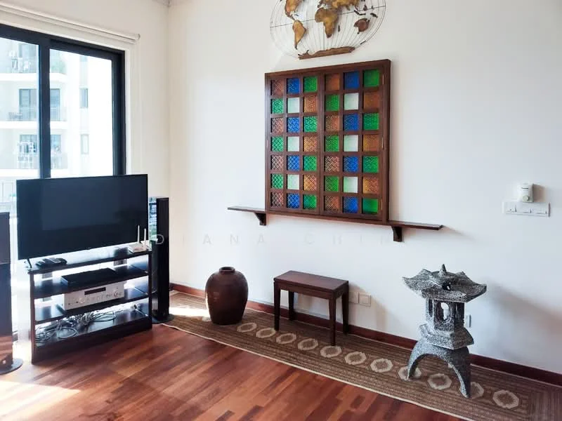 Living features: wooden flooring, white painted walls, floor-to-ceiling windows, TV console, wall-mounted TV, decorative wall art with world map, colorful wall panel with green and blue accents, wooden shelf, decorative ceramic vase, small wooden side table, area rug with geometric pattern; style: modern.