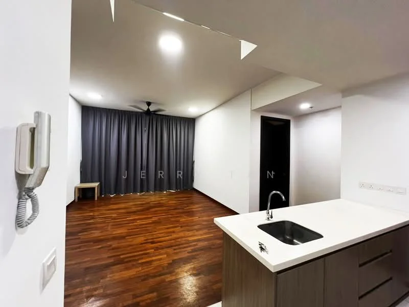 Living features: wooden flooring, white painted walls, ceiling fan, grey curtains, recessed downlights, open layout to kitchen, telephone intercom, doorway to hallway; style: modern. Kitchen features: white countertop, single-bowl stainless-steel sink, kitchen cabinetry, open layout to living area; style: modern.