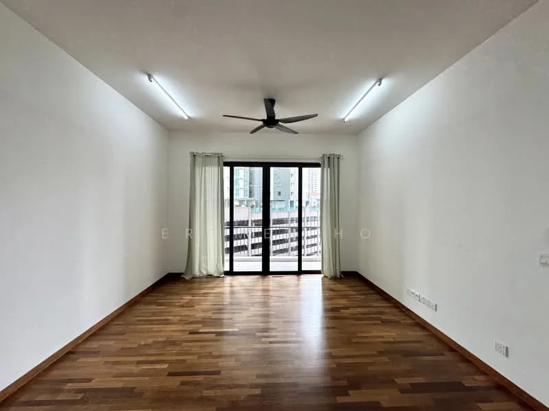 Living features: wooden flooring, white painted walls, 5-blade ceiling fan, floor-to-ceiling sliding glass door, sheer curtains, natural light from balcony, recessed lighting, open layout; style: modern; view: city.