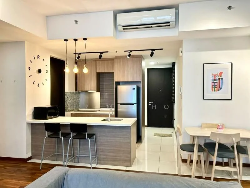 Kitchen features: stainless-steel fridge, built-in oven, 4-burner gas hob, single-bowl stainless-steel sink, chrome pull-down faucet, quartz countertop, grey cabinetry, pendant lighting, tile backsplash, open shelving, microwave, recessed downlights, wall-mounted split AC; style: modern. Dining features: 4-seater dining table, wooden chairs; style: modern.
