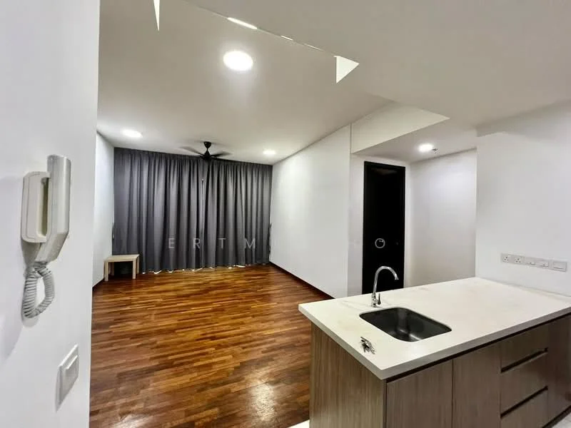 Living features: wooden flooring, ceiling fan, grey curtains, white painted walls, recessed lighting, open layout, wall-mounted intercom, door to hallway; style: modern. Kitchen features: single-bowl stainless-steel sink, countertop, kitchen cabinetry, open layout to living area; style: modern.