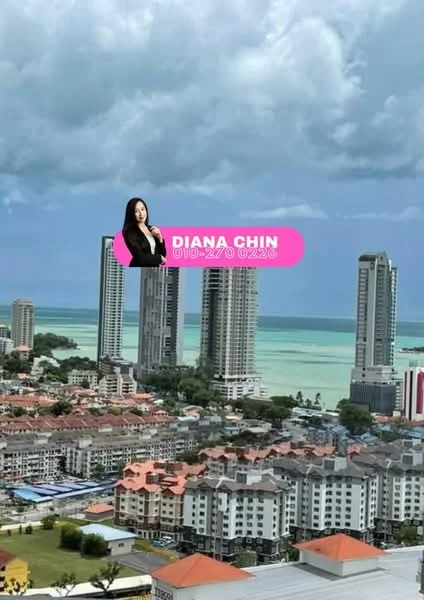 Exterior type: high-rise condominium; features: city skyline view, ocean view, multiple high-rise buildings, residential low-rise buildings, green landscaping, cloudy sky; style: modern.