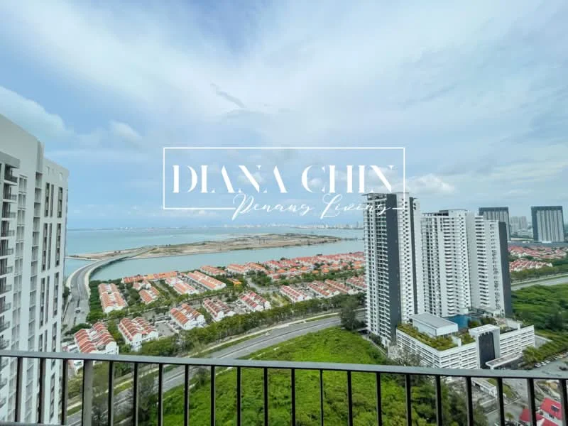 Exterior type: high-rise condominium; features: city skyline view, sea view, surrounded by greenery, near waterfront, multiple high-rise buildings, residential area in foreground; style: modern.