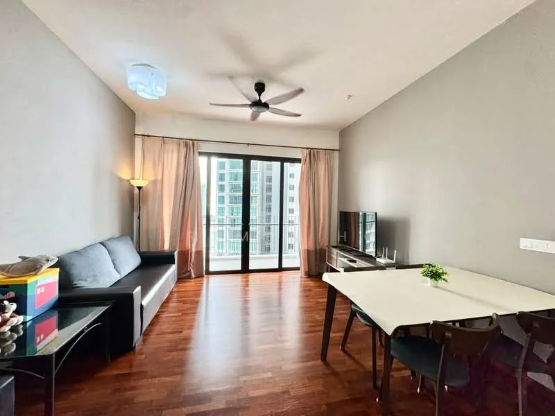 Living features: 3-seater fabric sofa in black, coffee table, TV console, wall-mounted TV, floor-to-ceiling windows, curtains, wooden flooring, ceiling fan with light, decorative lamp, dining table with chairs, indoor plant; style: modern; view: city.
