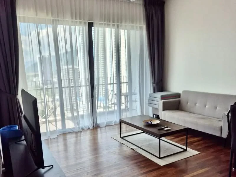 Living features: floor-to-ceiling windows, sheer curtains, grey fabric sofa, coffee table, TV console, wall-mounted TV, wooden flooring, area rug, decorative bowl on table; style: modern; view: city.