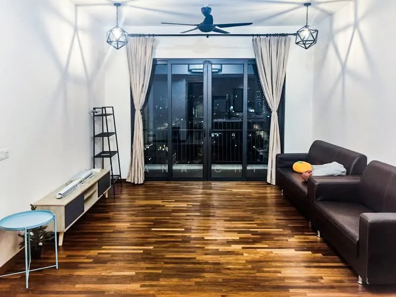 Living features: wooden flooring, white painted walls, 5-blade ceiling fan, two pendant lights, floor-to-ceiling sliding glass door, sheer curtains, blackout curtains, brown leather sofa, TV console, open shelving unit, decorative throw pillow, small round side table; style: modern; view: city.