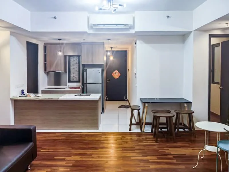 Kitchen features: white cabinets, wooden countertop, stainless-steel sink, chrome pull-down faucet, built-in oven, stainless-steel fridge, pendant lighting, open shelving, tile backsplash, white tiled flooring; style: modern. Living features: 3-seater fabric sofa in dark brown, wooden dining table, 3 wooden stools, LED ceiling lights, wooden flooring; style: modern.