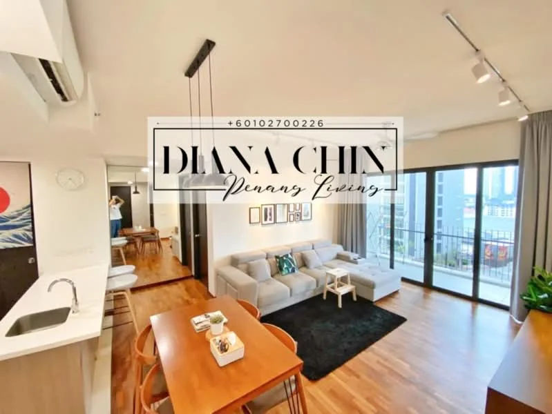 Living features: light grey fabric sofa, black area rug, wooden flooring, floor-to-ceiling windows, sliding glass door, city view, wall-mounted artwork, coffee table, recessed downlights, curtains, TV console, decorative plants; style: modern; view: city. Kitchen features: white cabinetry, stainless-steel sink, chrome pull-down faucet, kitchen island with seating, built-in oven, freestanding range oven, microwave, refrigerator, pendant lighting; style: modern.