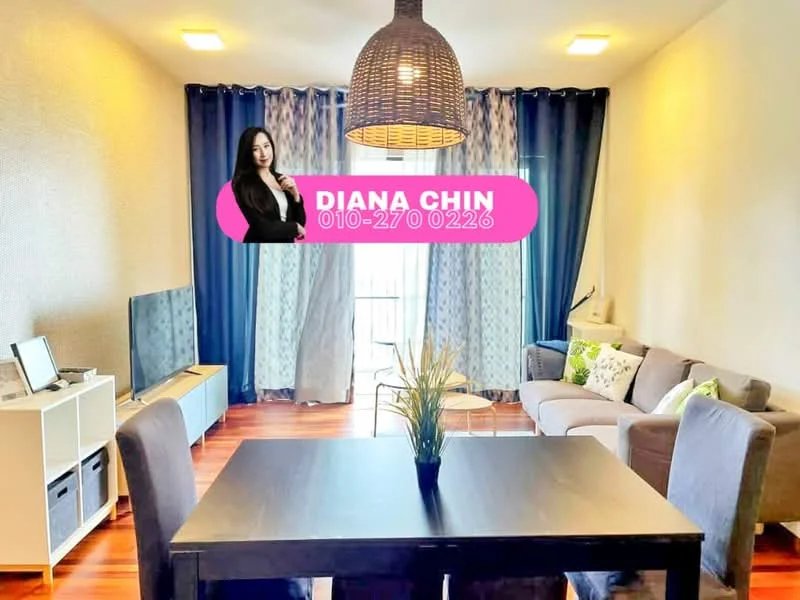 Living features: light wood flooring, cream painted walls, floor-to-ceiling windows, sheer curtains, dark blue curtains, 3-seater fabric sofa in grey, 2-seater fabric sofa, coffee table, TV console, wall-mounted TV, pendant light, decorative plant in pot, area rug; style: modern; view: city.
