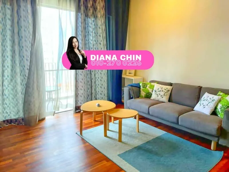 Living features: 3-seater fabric sofa in grey, wooden coffee table, area rug with geometric pattern, floor-to-ceiling windows, sheer curtains, wooden flooring, decorative cushions with floral pattern, balcony access; style: modern; view: city.
