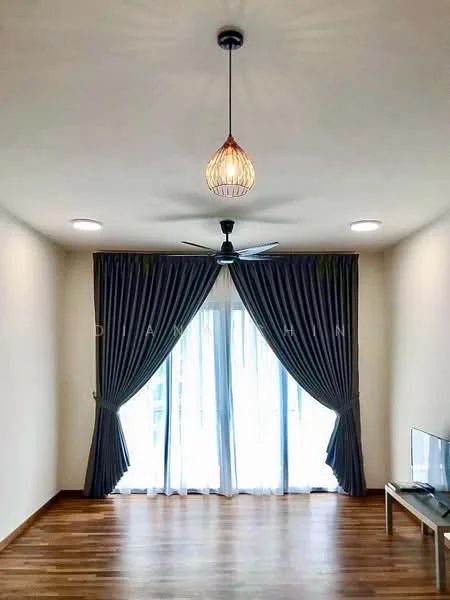 Living features: wooden flooring, white painted walls, 5-blade ceiling fan with light, pendant light, floor-to-ceiling windows, sheer curtains, dark grey curtains, TV console, wall-mounted TV; style: modern.