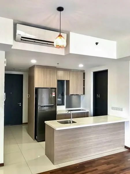 Kitchen features: stainless-steel fridge, single-bowl stainless-steel sink, chrome pull-down faucet, laminate countertop, wood cabinetry, built-in oven, ceramic tile flooring, recessed downlights, wall-mounted split AC, pendant light, open shelving; style: modern.