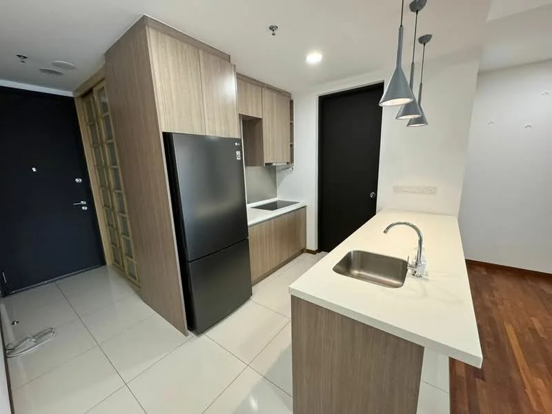 Kitchen features: stainless-steel single-bowl sink, chrome pull-down faucet, white quartz countertop, wood cabinetry with light wood finish, built-in refrigerator in black, ceramic tile flooring, recessed downlights, pendant lights above countertop, open shelving, white backsplash, kitchen island with seating area; style: modern.