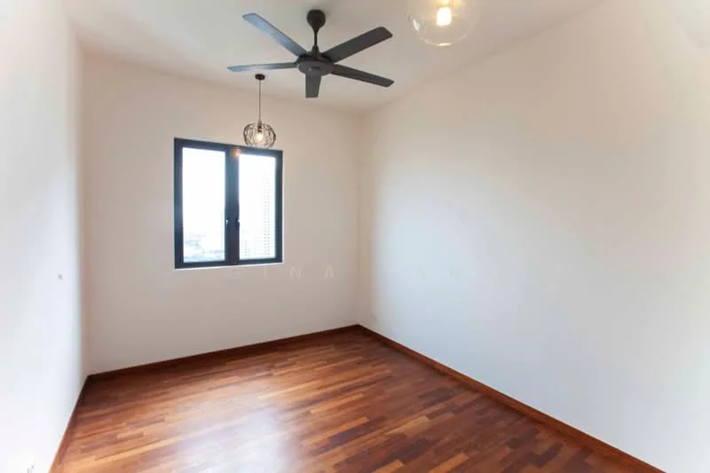 Room features: wooden flooring, white painted walls, 5-blade ceiling fan with light, pendant light, floor-to-ceiling window; style: modern; view: city.