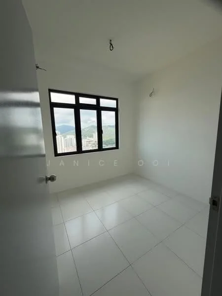 Room features: white painted walls, white tiled flooring, floor-to-ceiling windows, mountain view, two light fixtures on ceiling, single door, no visible furniture; style: modern; view: mountain.