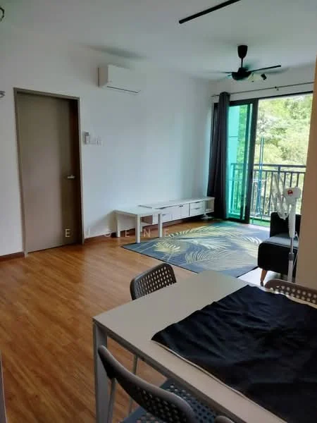 Living features: wooden flooring, 5-blade ceiling fan, wall-mounted split AC, floor-to-ceiling sliding glass door, black sofa, white TV console, area rug with tropical pattern, green view from balcony; style: modern; view: garden. Dining features: white dining table, 4 grey chairs, decorative tablecloth; style: modern.
