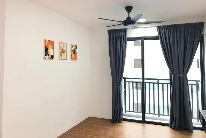 Room features: white painted walls, wooden flooring, 5-blade ceiling fan, floor-to-ceiling sliding glass door, grey curtains, framed artwork on walls; style: modern.