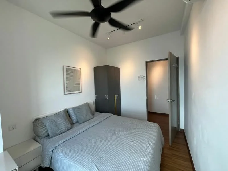 Bedroom features: queen-size bed with grey bedding, upholstered headboard, 2 bedside tables, wall-mounted light fixture, 5-blade ceiling fan, wooden flooring, white painted walls, built-in wardrobe, door leading to hallway; style: modern.