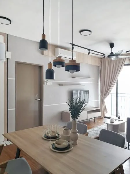 Living features: wooden flooring, grey painted walls, recessed ceiling lights, 5-blade ceiling fan, hanging pendant lights with wooden accents, wall-mounted TV, light wood TV console, decorative wall shelves, floor-to-ceiling windows with sheer curtains, dining table with ceramic plates and glasses, vase with greenery, upholstered dining chairs; style: modern; view: city.