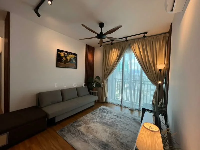 Living features: 3-seater fabric sofa in grey, area rug with geometric pattern, floor-to-ceiling windows, sheer curtains, 5-blade ceiling fan with light, wooden flooring, wall-mounted light, decorative floor lamp, framed artwork, plant in ceramic pot; style: modern; view: city.