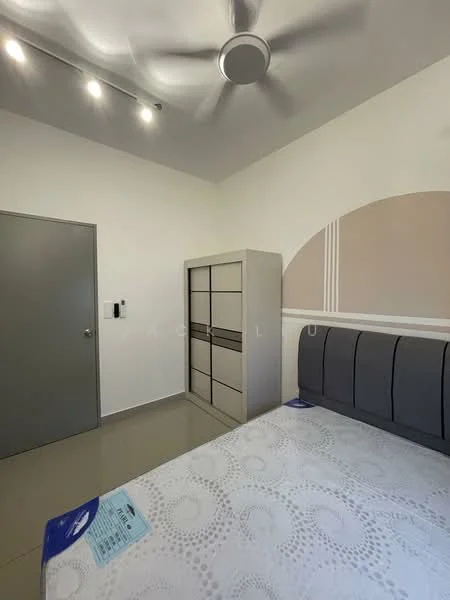 Bedroom features: queen-size bed, upholstered headboard, built-in wardrobe, grey painted walls, ceiling fan with light, recessed lighting, sliding door, tile flooring; style: modern.