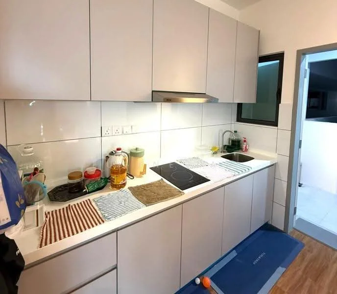 Kitchen features: light grey cabinetry, white countertop, built-in induction cooktop, stainless-steel sink, chrome pull-down faucet, white tiled backsplash, window above sink, kitchen towels on countertop, various kitchen utensils, floor mat, wooden flooring; style: modern.