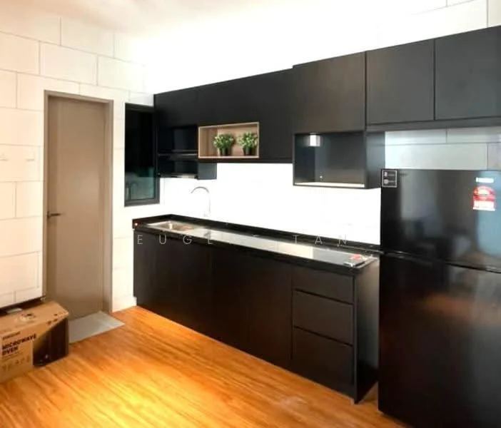 Kitchen features: black cabinetry, white tiled backsplash, black countertop, single-bowl stainless-steel sink, chrome pull-down faucet, built-in refrigerator, wood laminate flooring, window above sink, open shelving, box for appliances on floor; style: modern.
