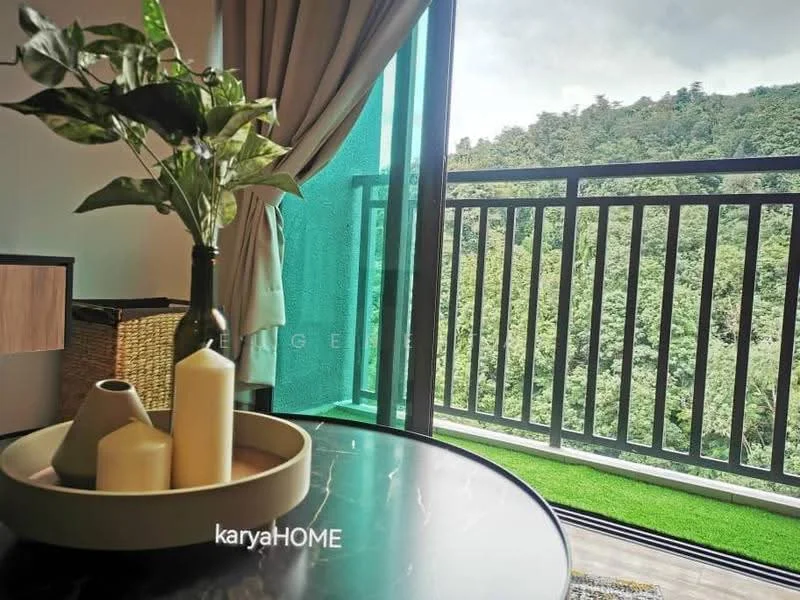 Room features: glass sliding door, balcony with railing, greenery view, curtains, decorative vase, candles, round coffee table, woven basket; style: modern; view: garden.