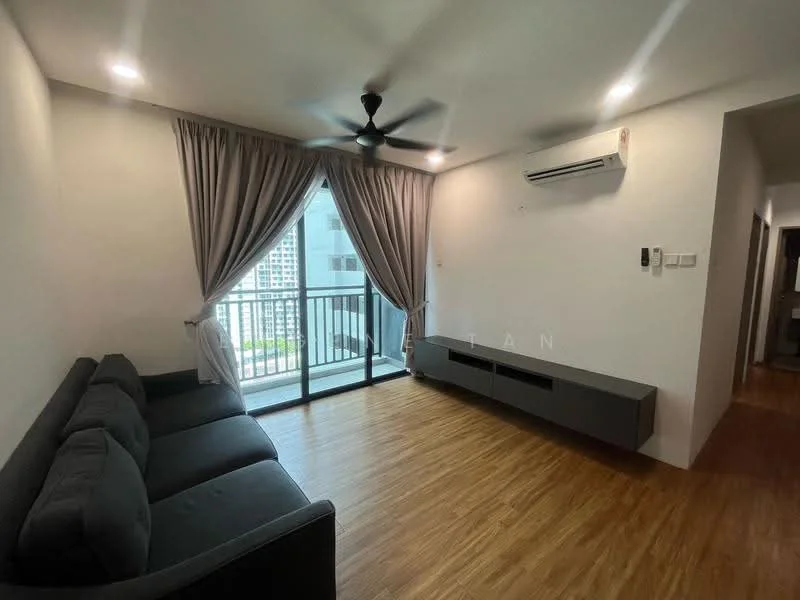 Living features: 3-seater fabric sofa in grey, wooden flooring, ceiling fan, recessed downlights, floor-to-ceiling windows, sliding glass door, curtains, wall-mounted TV console, air conditioning unit; style: modern; view: city.