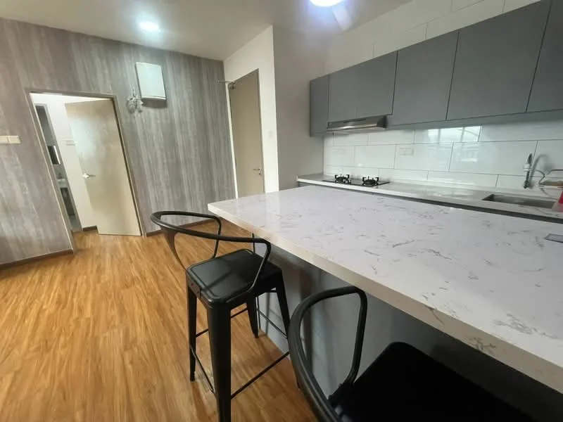 Kitchen features: marble countertop, grey flat-panel cabinets, stainless-steel sink, chrome pull-down faucet, 2-burner gas hob, wall-mounted range hood, open shelving, wood laminate flooring, recessed downlights, bar seating with black metal stools; style: modern. Room features: wood laminate flooring, grey accent wall, doorway leading to another room.