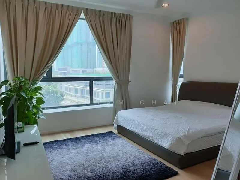 Bedroom features: king-size bed with upholstered headboard, white bedding, floor-to-ceiling windows, sheer curtains, wooden flooring, area rug with geometric pattern, TV console, wall-mounted TV, decorative plant, mirror, natural light from window; style: modern; view: city.