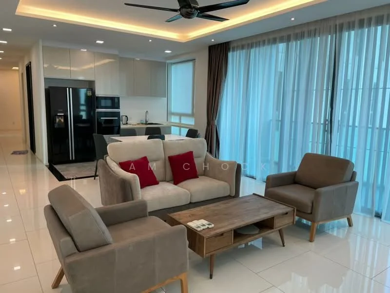 Living features: 3-seater fabric sofa in light grey, 2 armchairs in light grey, wood coffee table, floor-to-ceiling windows with sheer curtains, recessed LED downlights, ceiling fan with light, white painted walls, glossy white tile flooring, open layout to kitchen, kitchen island visible, black refrigerator, black cabinetry, kitchen countertop visible; style: modern; view: city.