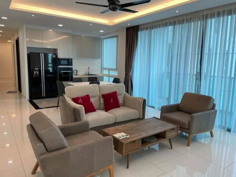 Living features: 3-seater fabric sofa in light grey, 2 armchairs in light grey, wooden coffee table, floor-to-ceiling windows with sheer curtains, recessed LED downlights, ceiling fan with light, white painted walls, glossy ceramic tile flooring, open layout to kitchen, decorative cushions in red; style: modern; view: city. Kitchen features: black stainless-steel refrigerator, built-in oven, microwave, kitchen island with seating, white cabinetry, black countertop, ceramic tile backsplash, recessed LED lighting; style: modern.