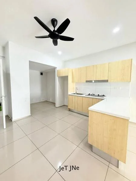 Kitchen features: light wood cabinetry, white countertop, stainless-steel sink, 4-burner gas hob, exhaust hood, tile flooring, white painted walls, recessed downlights, 5-blade ceiling fan; style: modern. Room features: white painted walls, tile flooring.