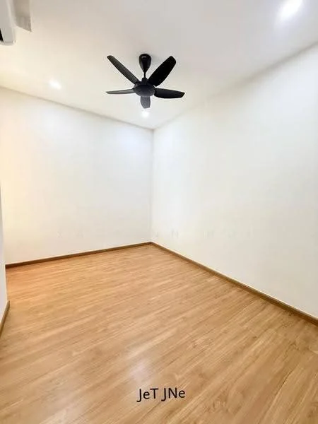 Room features: light wood laminate flooring, white painted walls, 5-blade ceiling fan with light, recessed ceiling lights, no visible windows, empty room; style: modern.