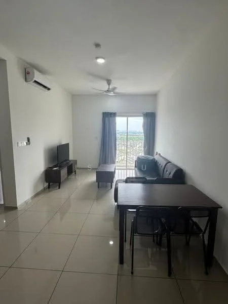 Living features: grey fabric sofa, coffee table, TV console, wall-mounted TV, 4-seater dining table, black dining chairs, floor-to-ceiling windows, curtains, wall-mounted split AC, recessed downlights, glossy tile flooring, white painted walls, ceiling fan; style: modern; view: city.