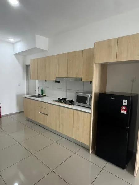 Kitchen features: light wood cabinetry, white countertop, stainless-steel sink, chrome pull-down faucet, 4-burner gas hob, built-in microwave, freestanding black fridge, ceramic tile flooring, white tiled backsplash, recessed downlights, fire extinguisher, open shelving; style: modern.