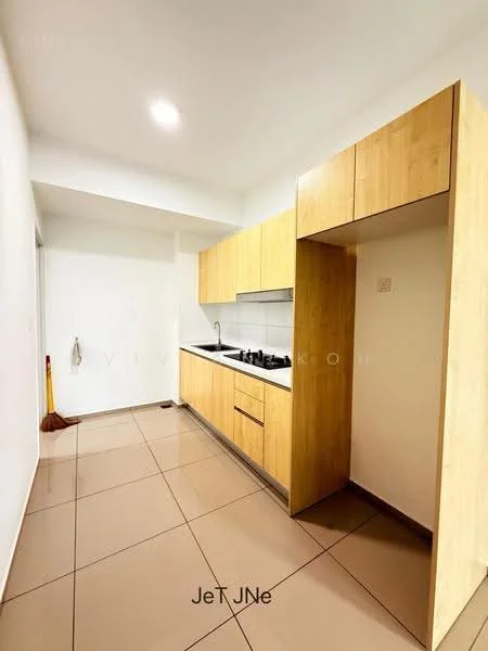 Kitchen features: light wood cabinetry, white countertop, single-bowl stainless-steel sink, chrome pull-down faucet, built-in stove, tile backsplash, ceramic tile flooring, recessed downlights, wall-mounted cabinet, open shelving; style: modern.
