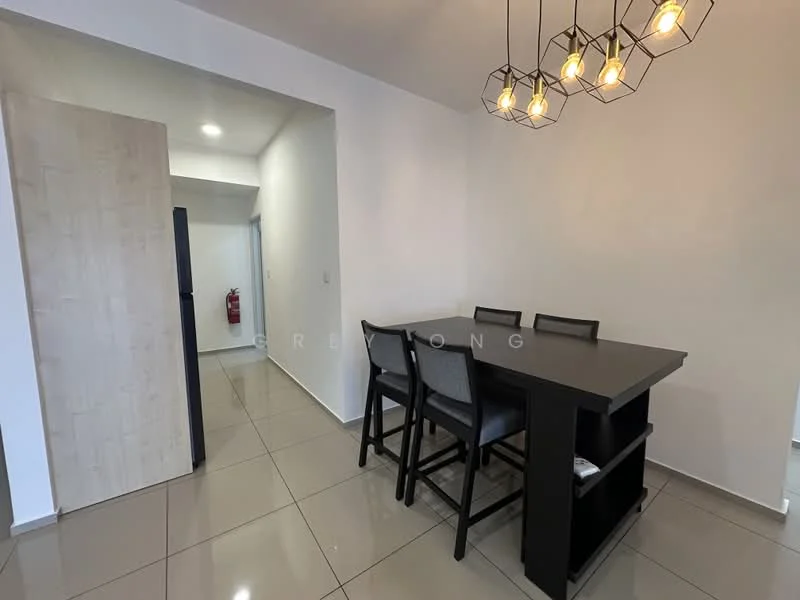 Dining features: black dining table, 4 black dining chairs, pendant lighting with geometric design, glossy tile flooring, white painted walls, open layout, wall-mounted fire extinguisher, doorway leading to hallway; style: modern. Room features: doorway, light fixture, white walls.