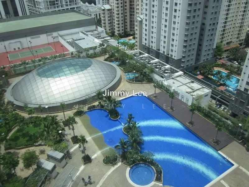 Exterior type: high-rise condominium; features: infinity pool, swimming pool deck, tennis court, landscaped garden, manicured lawn, palm trees, children's playground, outdoor dining area, clubhouse, water feature, glass dome structure; style: modern.