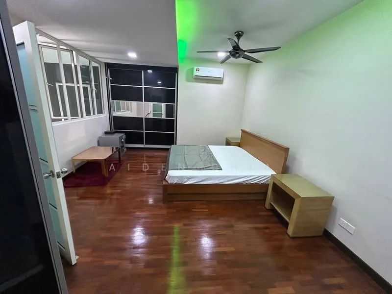 Bedroom features: wooden flooring, white painted walls, 5-blade ceiling fan with light, wall-mounted air conditioning unit, queen-size bed frame without mattress, wooden bedside table, wooden dresser, large windows with black frames, sofa, coffee table; style: modern.
