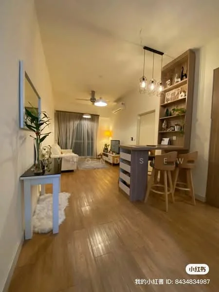 Living features: wooden flooring, white painted walls, 5-blade ceiling fan with light, pendant lighting, large window with sheer curtains, sofa, coffee table, TV console, decorative shelves, houseplants in ceramic pots, area rug, open-plan layout to dining area; style: modern. Dining features: wooden dining table, two wooden dining chairs, open shelving unit, decorative items on shelves; style: modern.