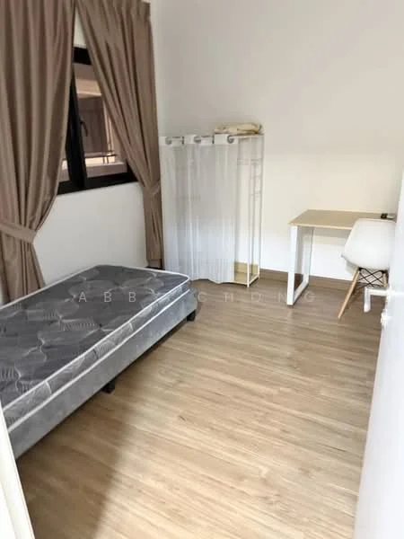 Bedroom features: single bed frame, mattress, wooden flooring, white painted walls, floor-to-ceiling window, curtains, study desk, white chair, clothes rack; style: minimalist.